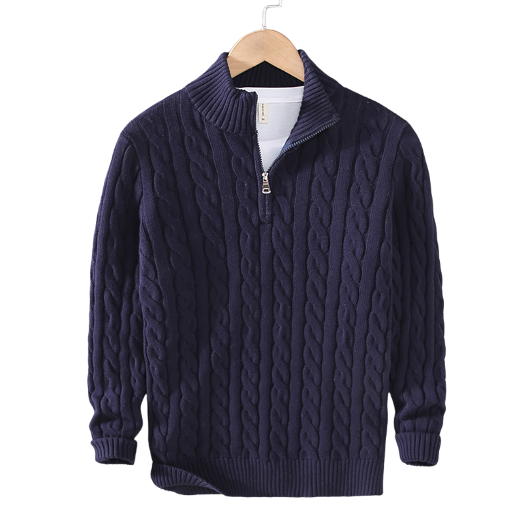Kabelstrikket herresweater med kort lynlås