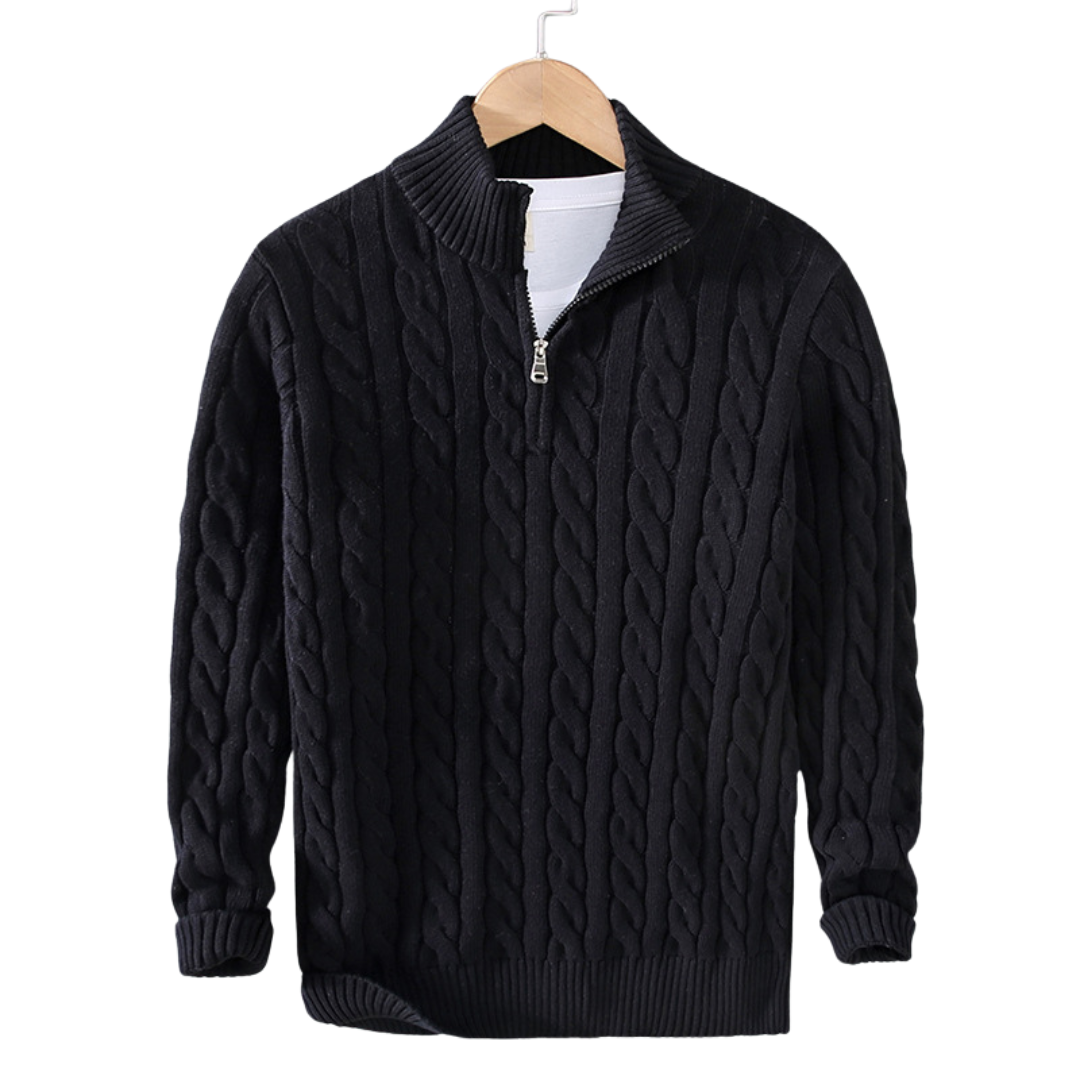 Kabelstrikket herresweater med kort lynlås