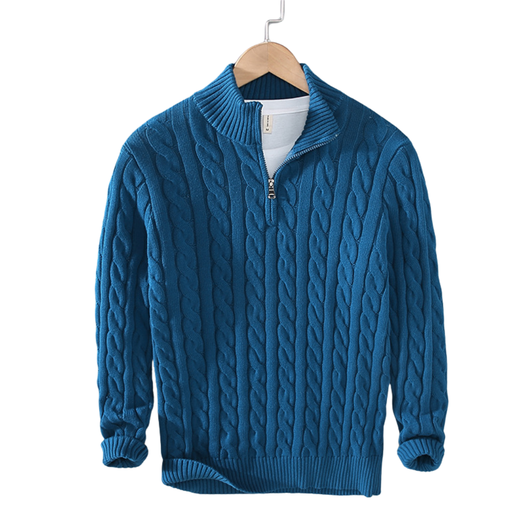Kabelstrikket herresweater med kort lynlås