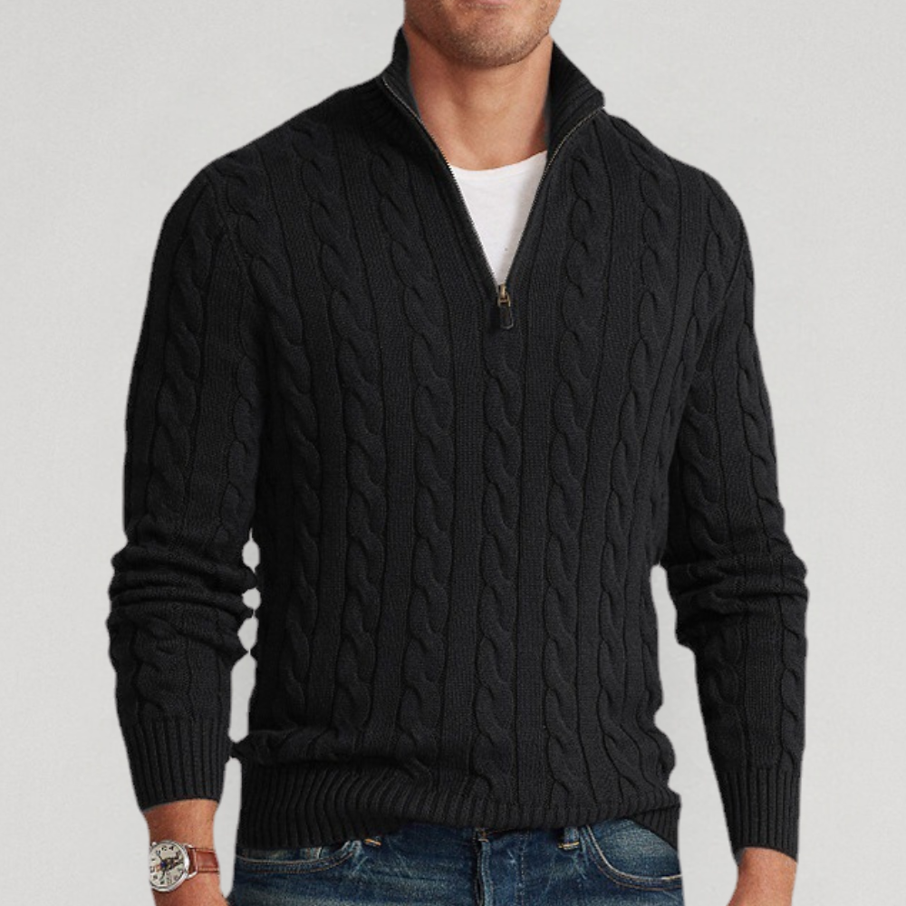 Kabelstrikket herresweater med kvart lynlås