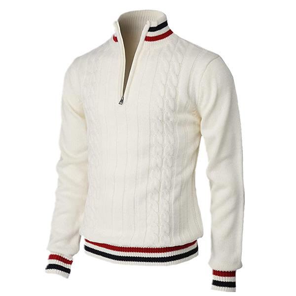 Kabelstrikket herresweater med kvart lynlås og stribede kanter