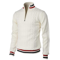 Kabelstrikket herresweater med kvart lynlås og stribede kanter