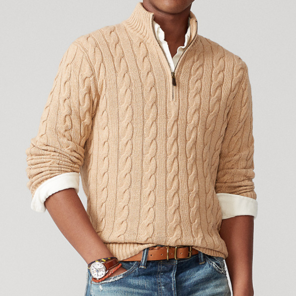 Kabelstrikket herresweater med kvart lynlås