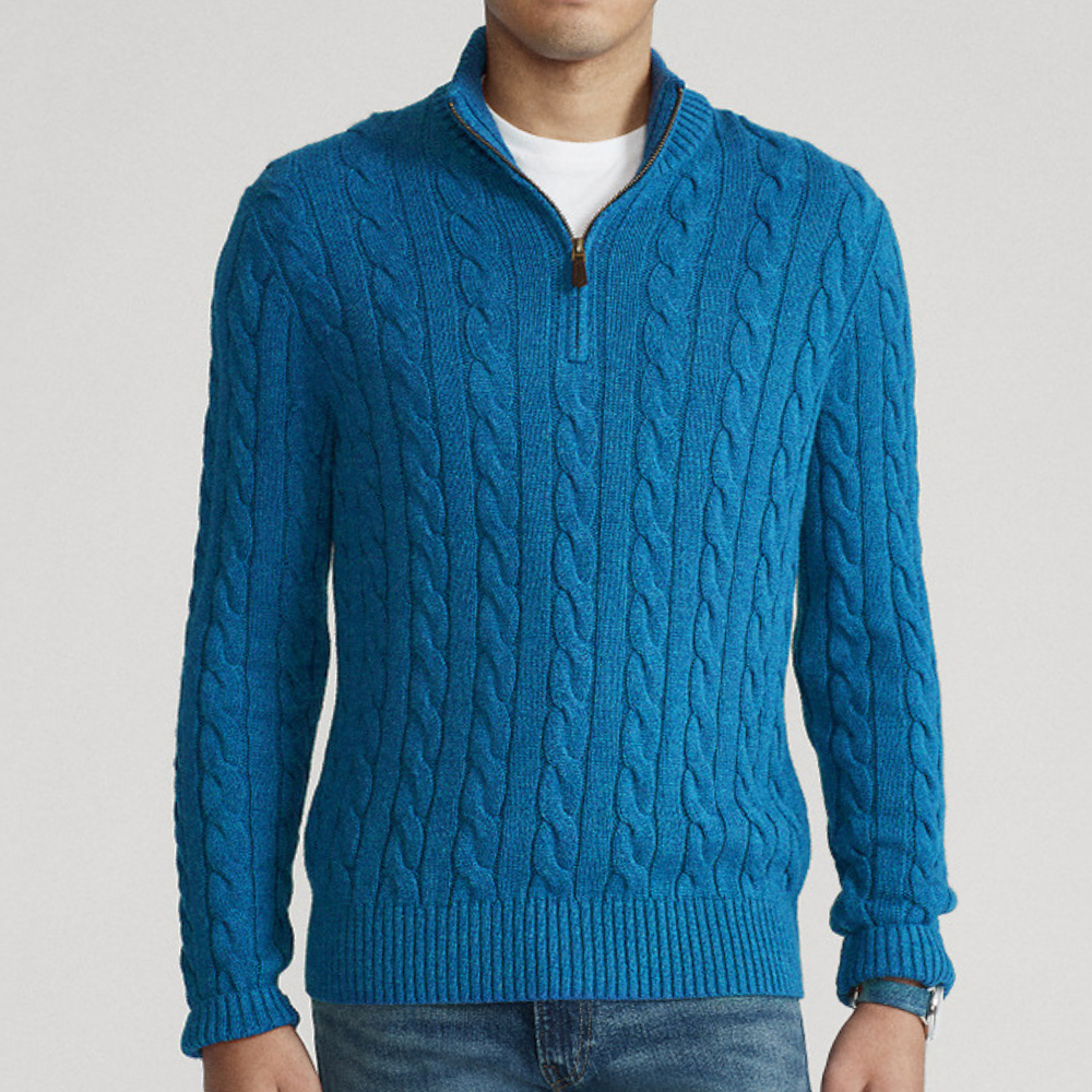 Kabelstrikket herresweater med kvart lynlås