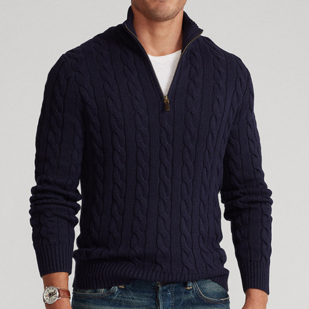 Kabelstrikket herresweater med kvart lynlås