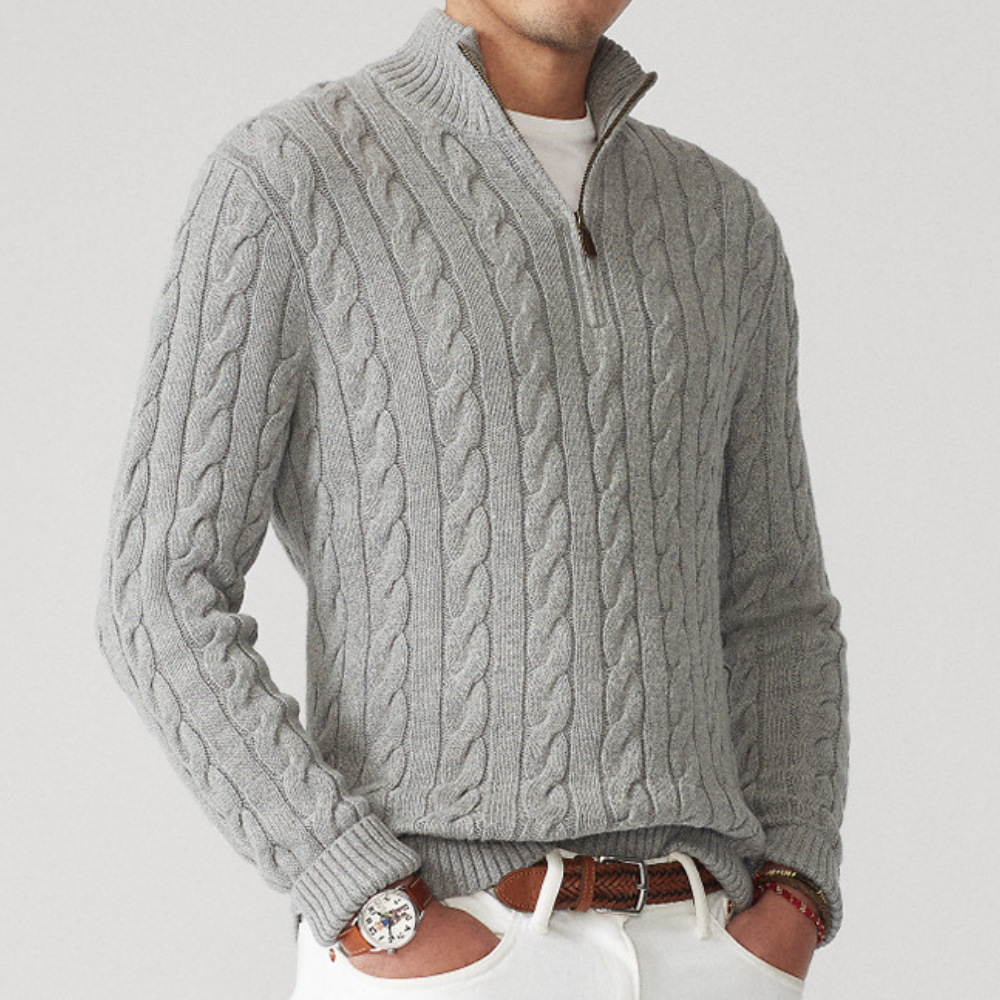 Kabelstrikket herresweater med kvart lynlås