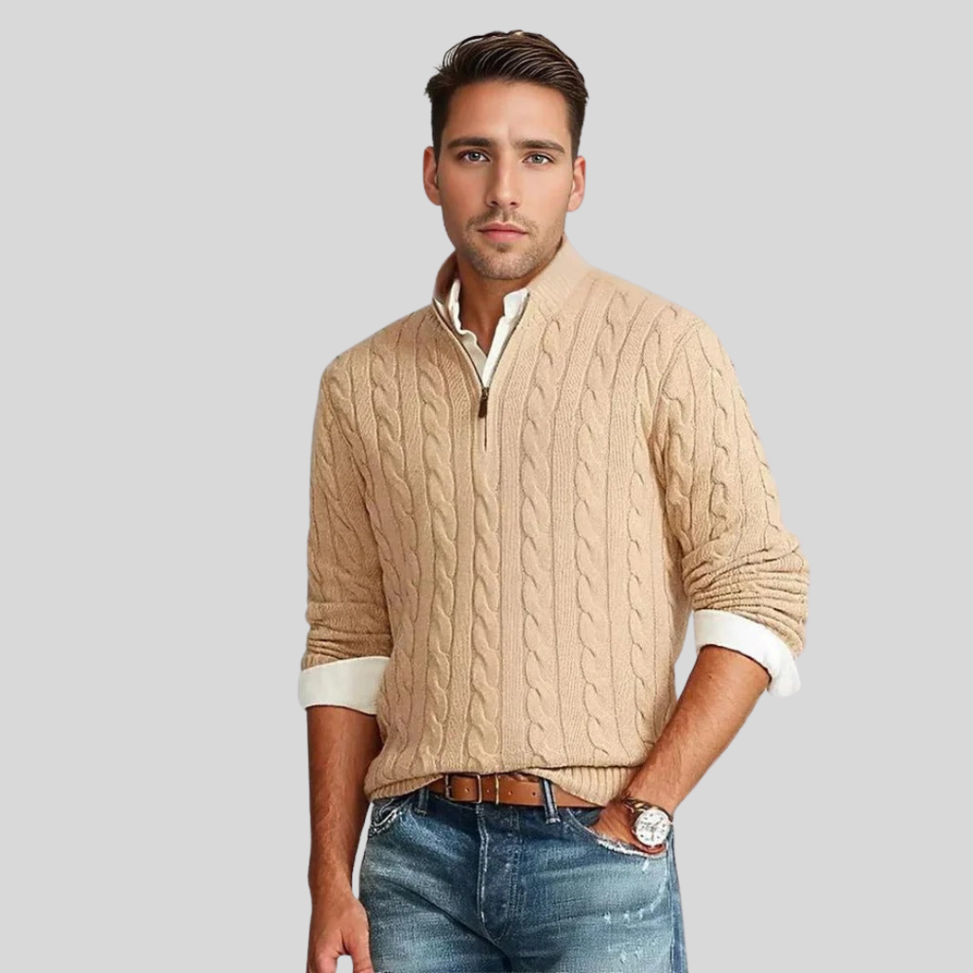 Kabelstrikket herresweater med quarter-zip