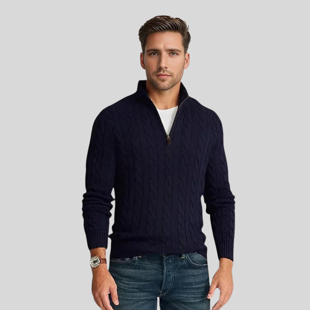 Kabelstrikket herresweater med quarter-zip