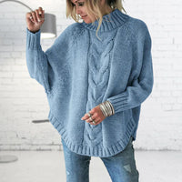 Kabelstrikket rullekravesweater med flagermusærmer til damer