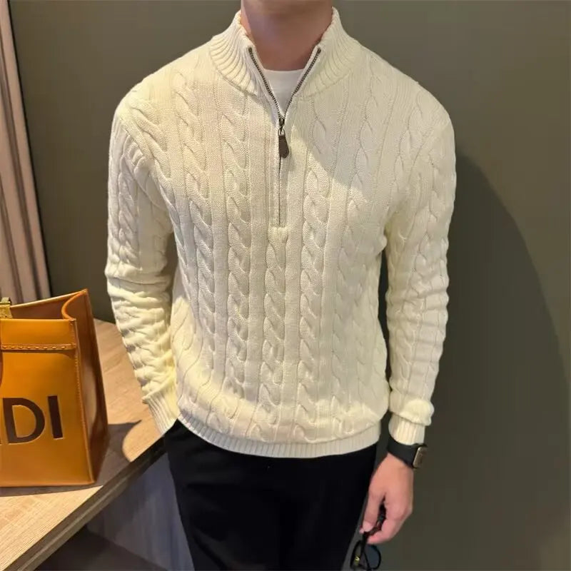 Kabelstrikket sweater med lynlås til mænd