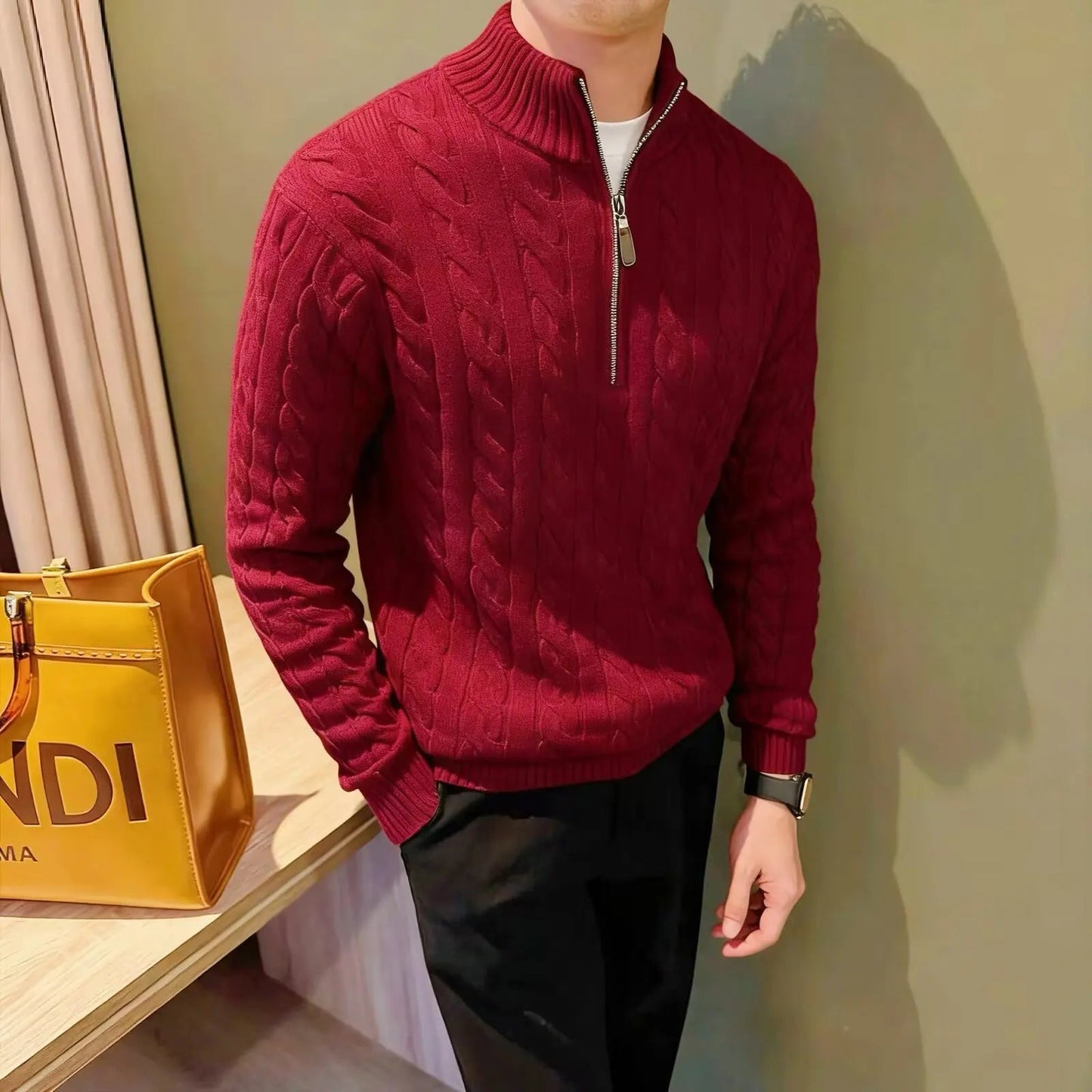 Kabelstrikket sweater med lynlås til mænd