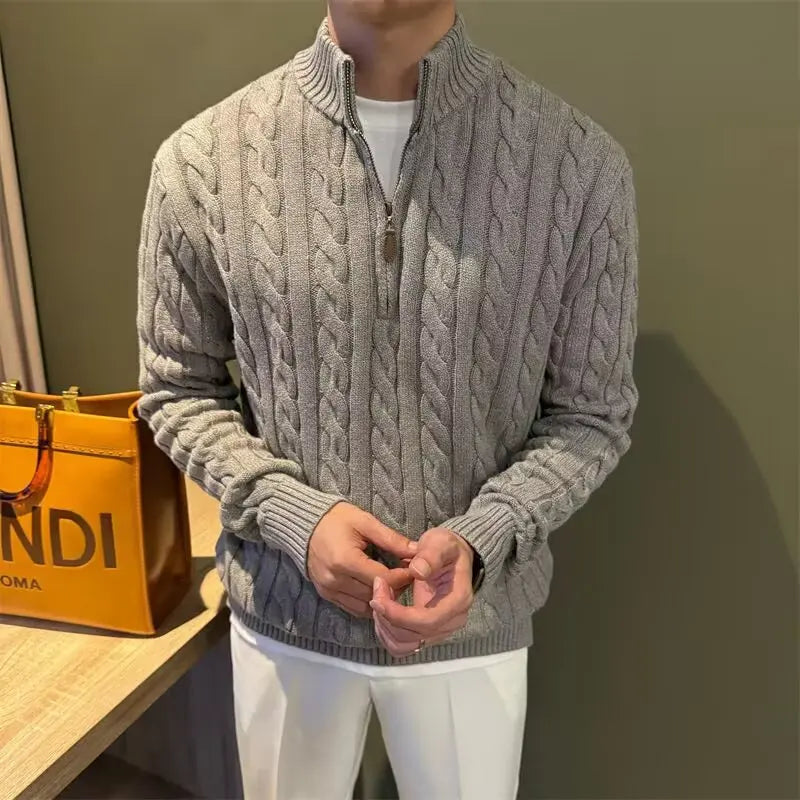 Kabelstrikket sweater med lynlås til mænd
