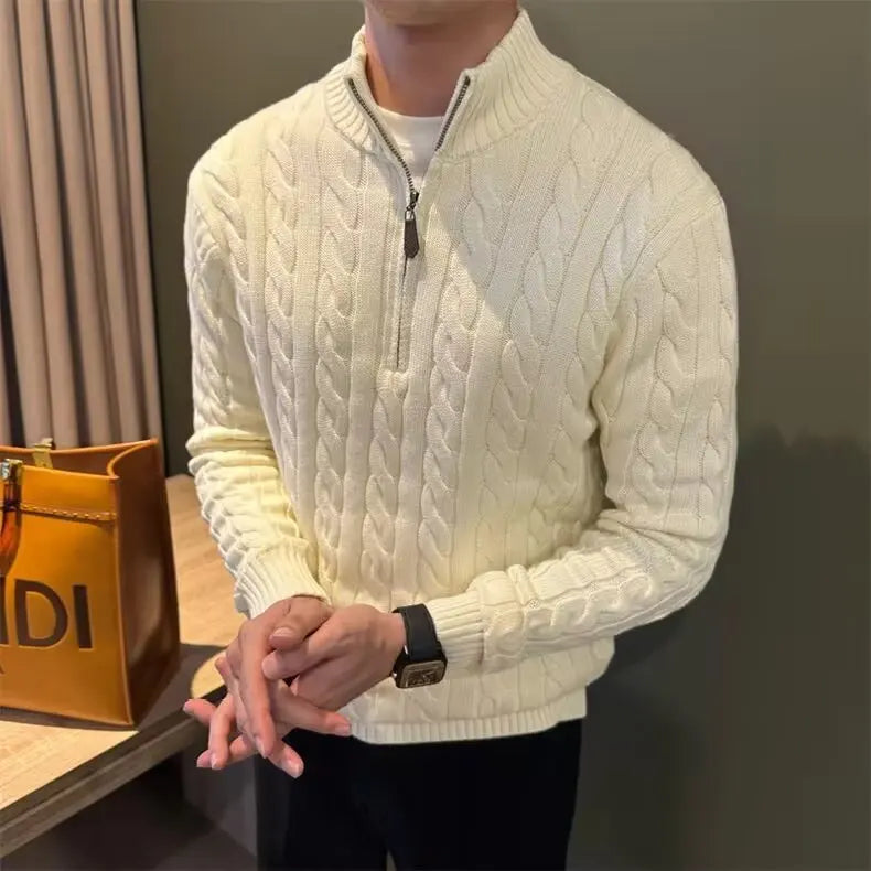 Kabelstrikket sweater med lynlås til mænd