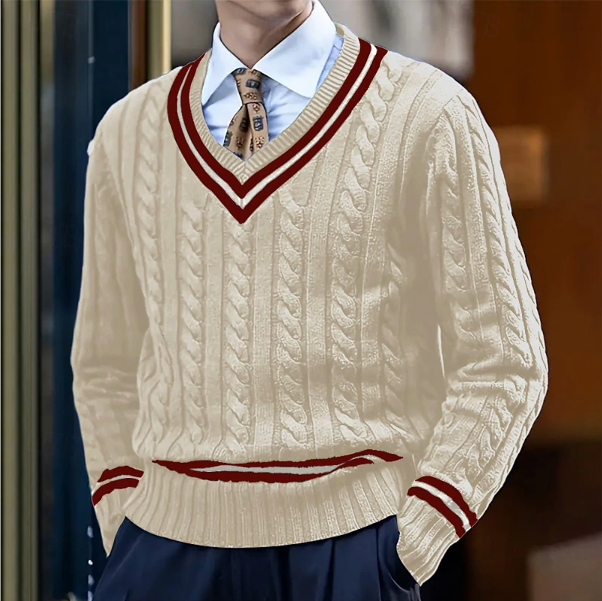 Kabelstrikket sweater med V-hals til mænd
