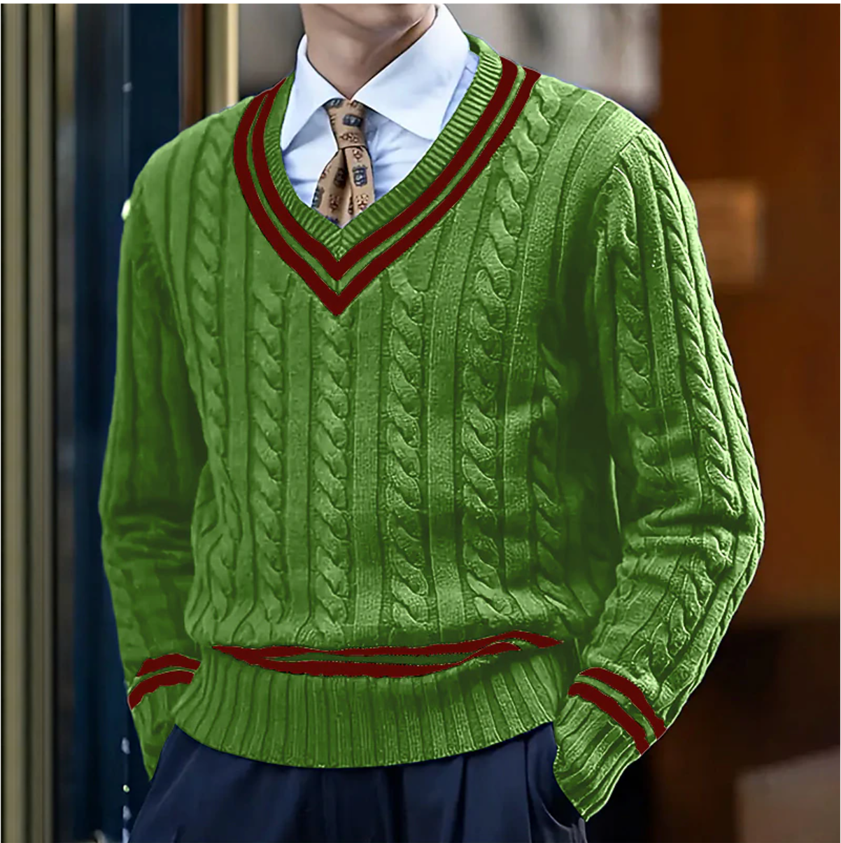Kabelstrikket sweater med V-hals til mænd
