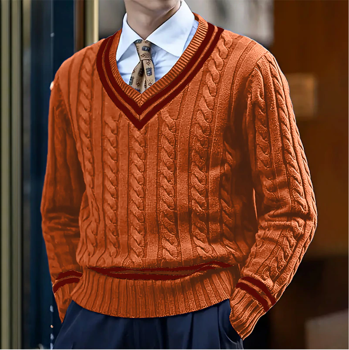 Kabelstrikket sweater med V-hals til mænd