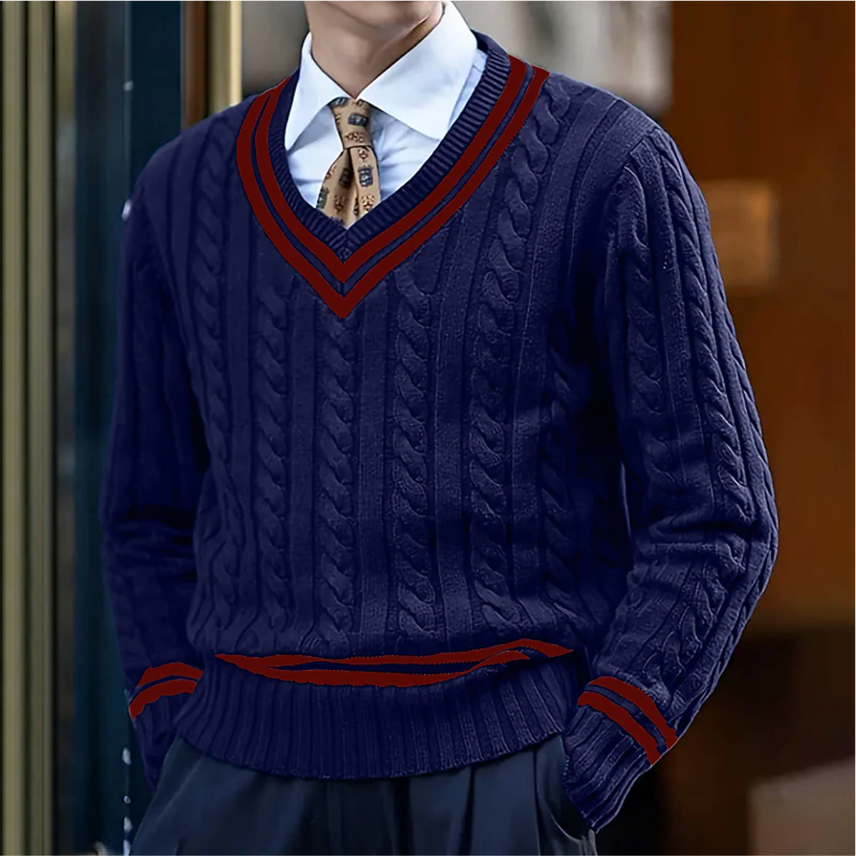 Kabelstrikket sweater med V-hals til mænd