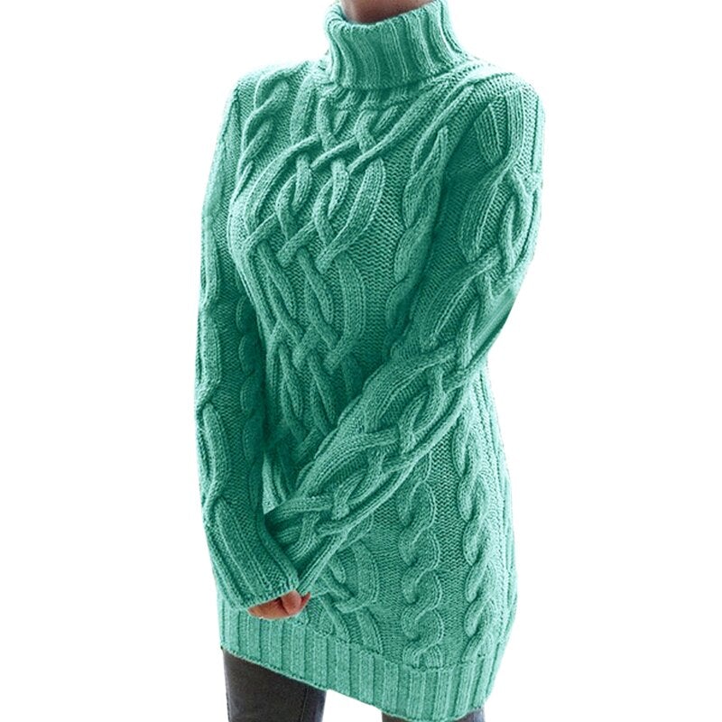 Kabelstrikket sweaterkjole med rullekrave til damer