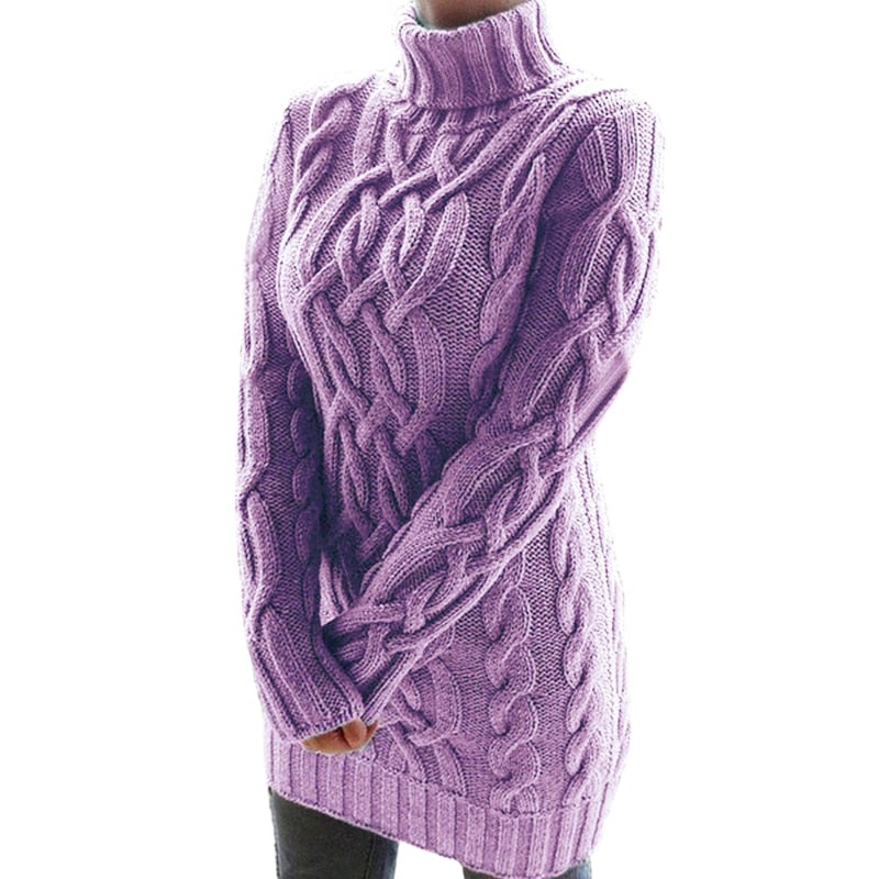 Kabelstrikket sweaterkjole med rullekrave til damer
