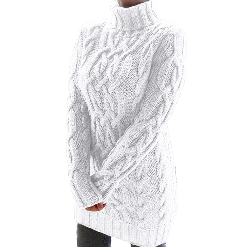 Kabelstrikket sweaterkjole med rullekrave til damer