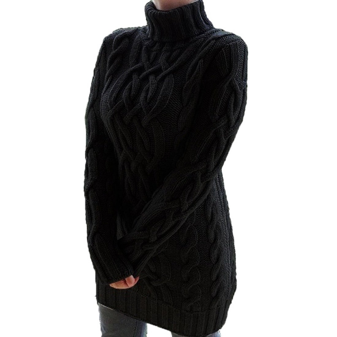 Kabelstrikket sweaterkjole med rullekrave til damer