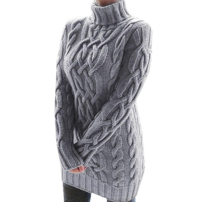 Kabelstrikket sweaterkjole med rullekrave til damer