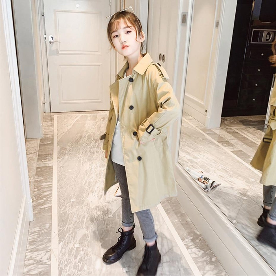 Klassisk brun langærmet trenchcoat til børn