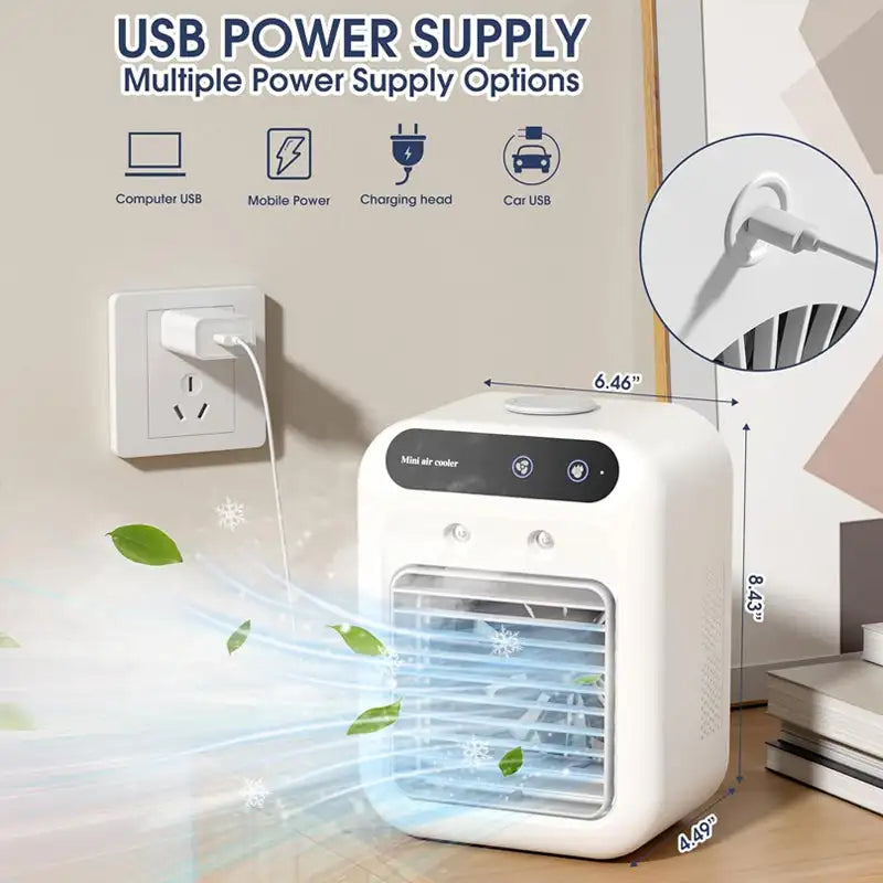 Kompakt bærbar aircondition-ventilator med USB-opladning