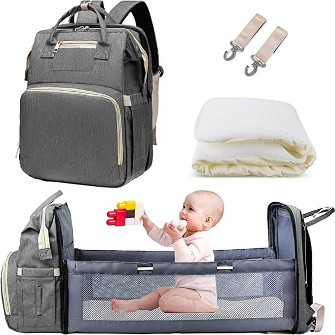 Konvertibel baby-puslerygsæk med sammenklappelig babylift – vandtæt design med mange lommer