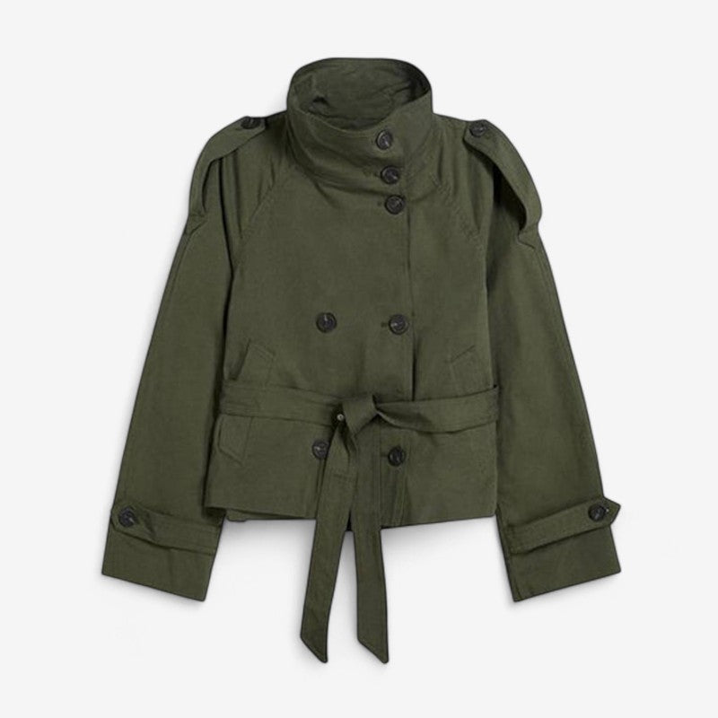 Kort dobbeltradet trenchcoat til damer med høj krave