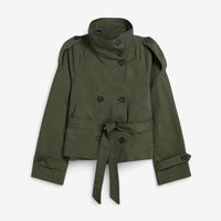 Kort dobbeltradet trenchcoat til damer med høj krave