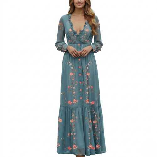 Langærmet boho-maxikjole til kvinder
