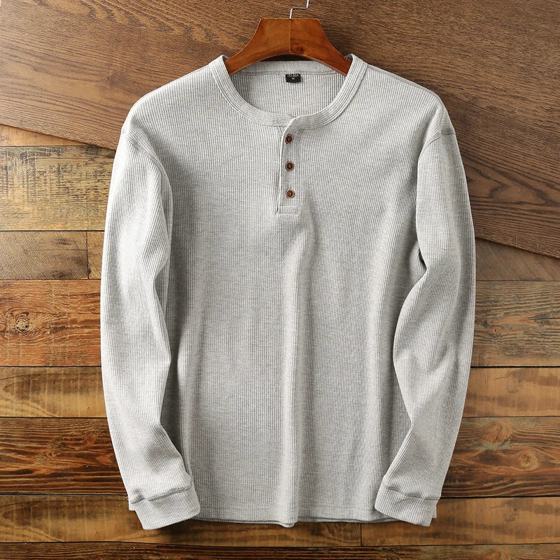 Langærmet ribstrikket Henley-t-shirt til herrer