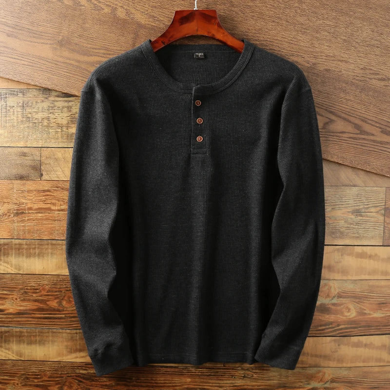 Langærmet ribstrikket Henley-t-shirt til herrer