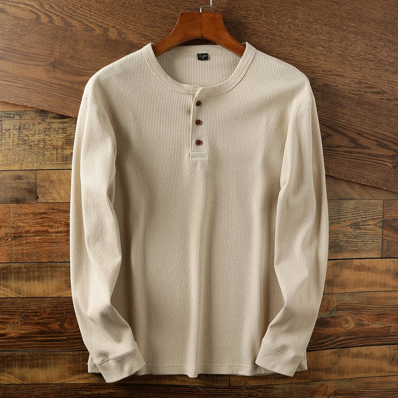 Langærmet ribstrikket Henley-t-shirt til herrer