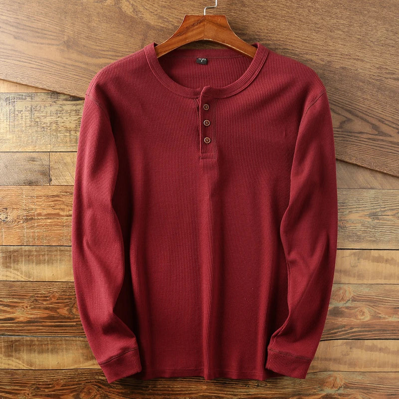Langærmet ribstrikket Henley-t-shirt til herrer