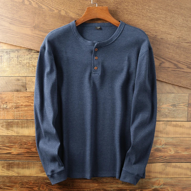 Langærmet ribstrikket Henley-t-shirt til herrer