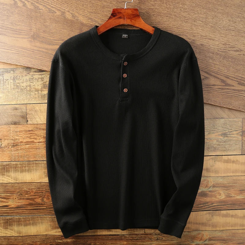 Langærmet ribstrikket Henley-t-shirt til herrer