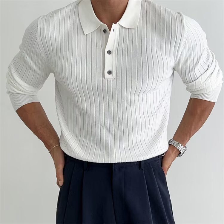 Langærmet ribstrikket slim fit-poloshirt til mænd