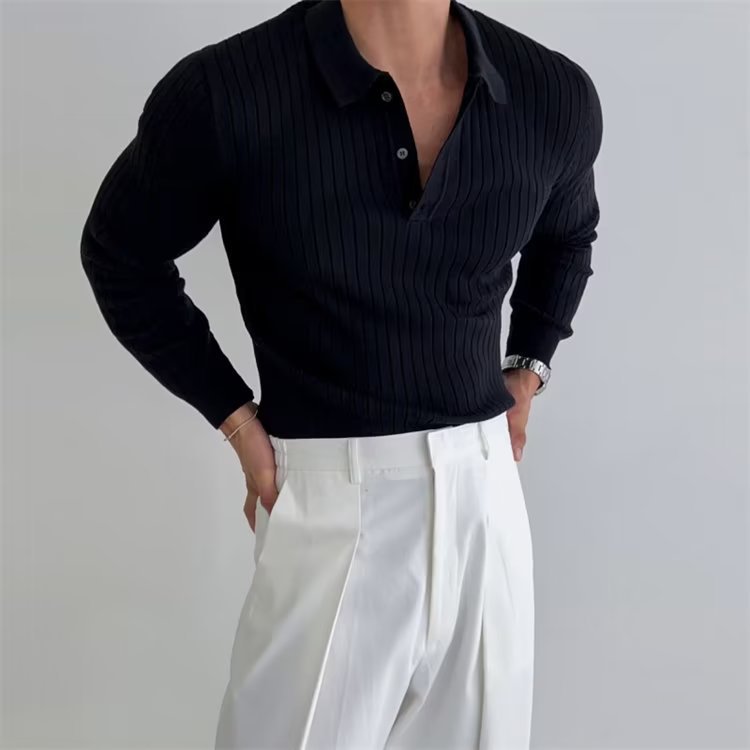 Langærmet ribstrikket slim fit-poloshirt til mænd