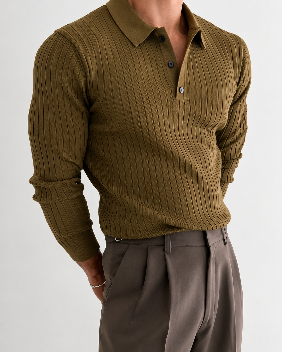Langærmet ribstrikket slim fit-poloshirt til mænd