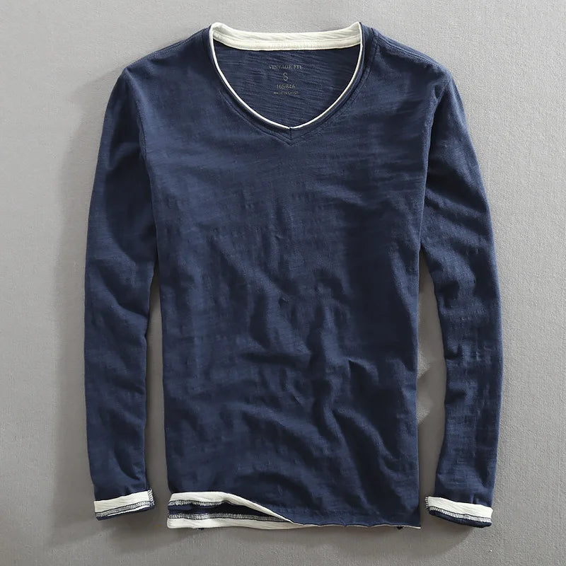 Langærmet T-shirt med V-hals til herrer