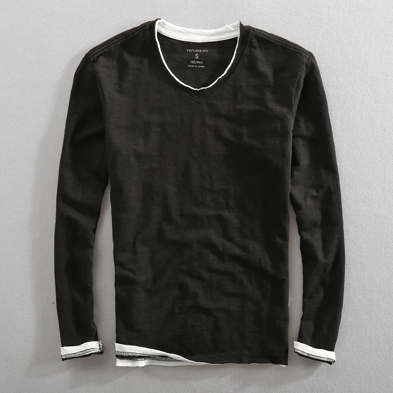 Langærmet T-shirt med V-hals til herrer