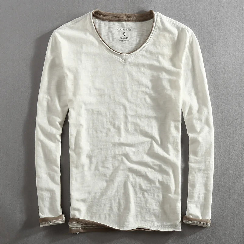 Langærmet T-shirt med V-hals til herrer