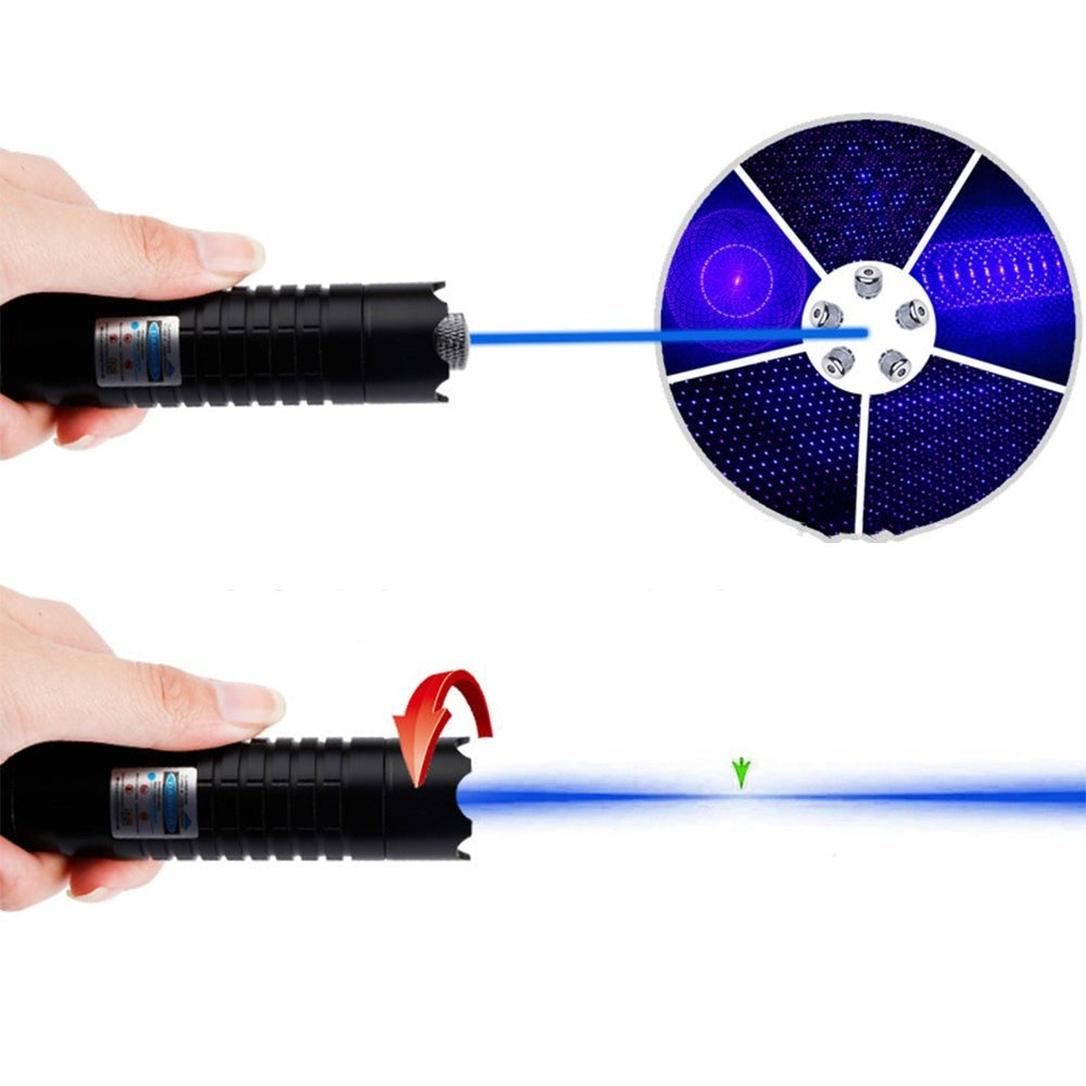Laserlygte med blå stråle | 450 nm optisk udgangseffekt med høj intensitet | Taktisk rækkevidde på 5000 m+ | Aluminiumshus med justerbart fokus | Lommelygte med mulighed for termisk antændelse
