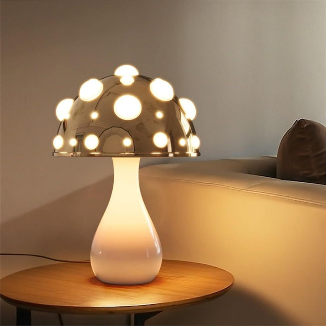 LED-bordlampe i svampedesign med varmt hvidt lys