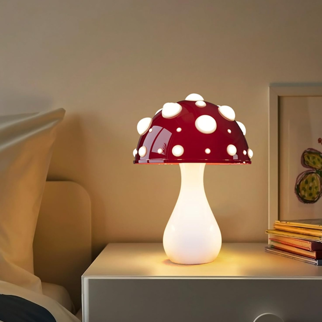 LED-bordlampe i svampedesign med varmt hvidt lys