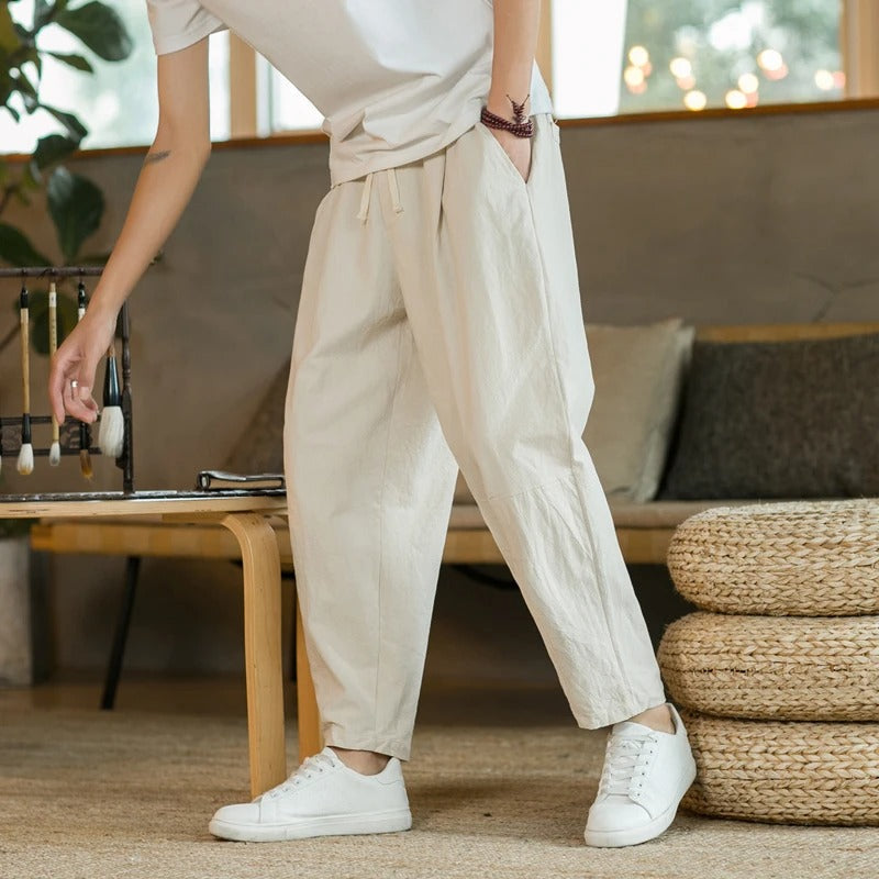 Loose fit cropped herrebukser med snøre
