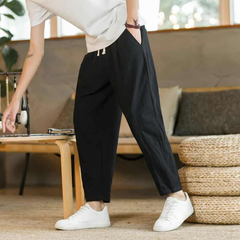 Loose fit cropped herrebukser med snøre