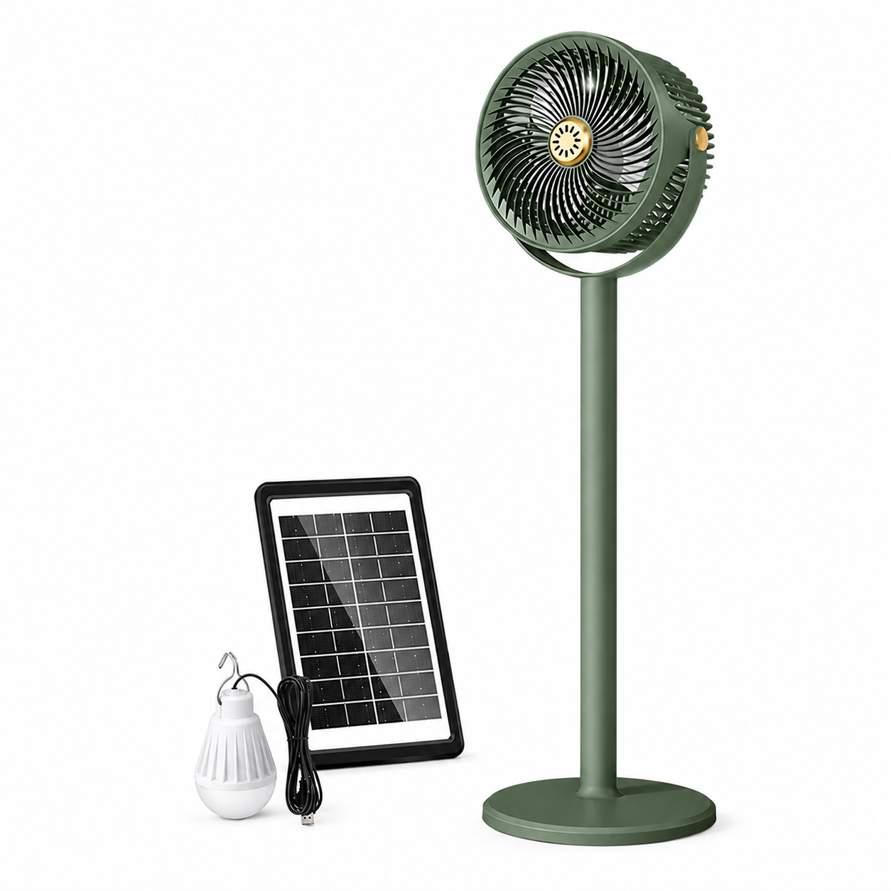 Multifunktionel standventilator med solenergi og LED-belysning